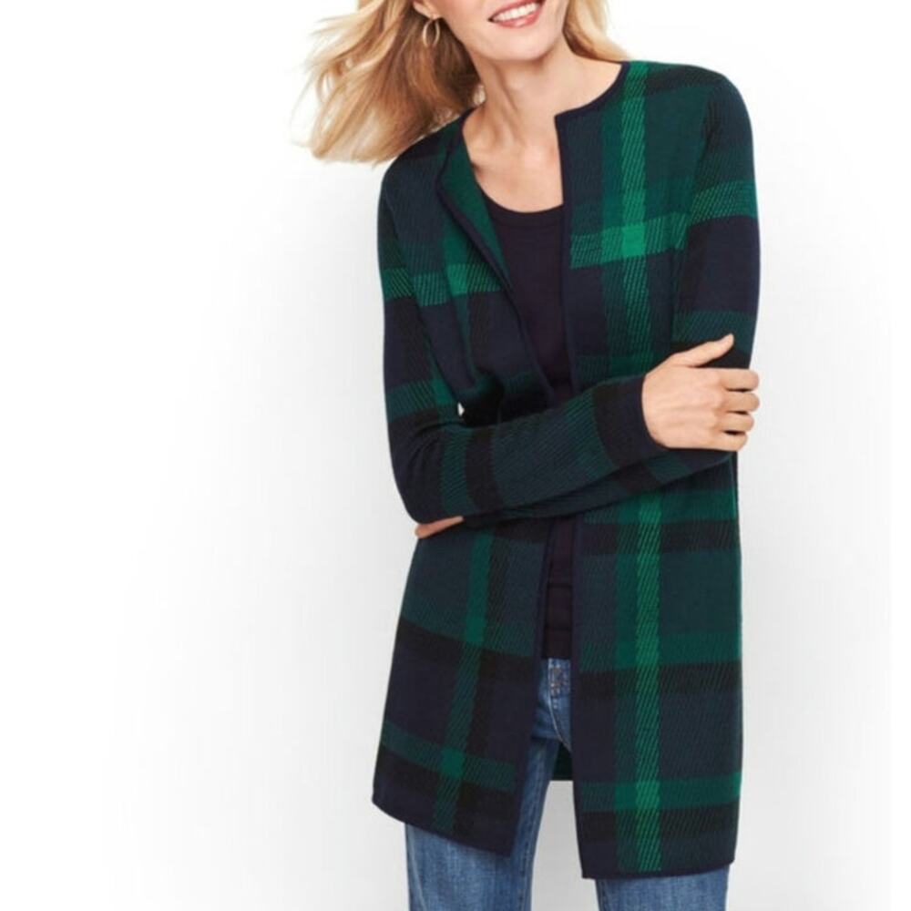 Talbots Plaid Merino Wool Open Cardigan Sweater Mid Length Blue Green S Classic